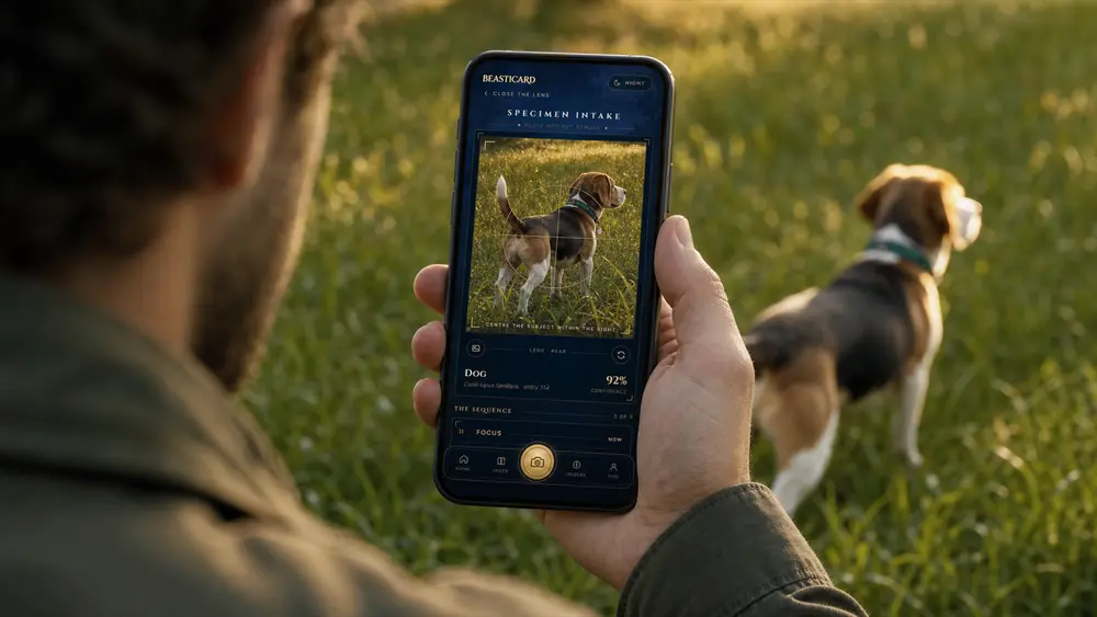 A phone held up during specimen intake, the beagle framed on screen