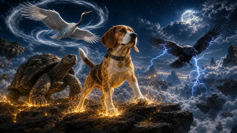The beagle standing among elemental creatures under a night sky