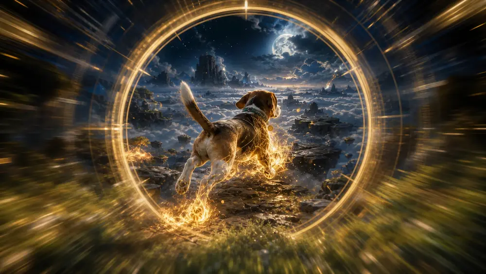 The beagle crossing a ring of gold light